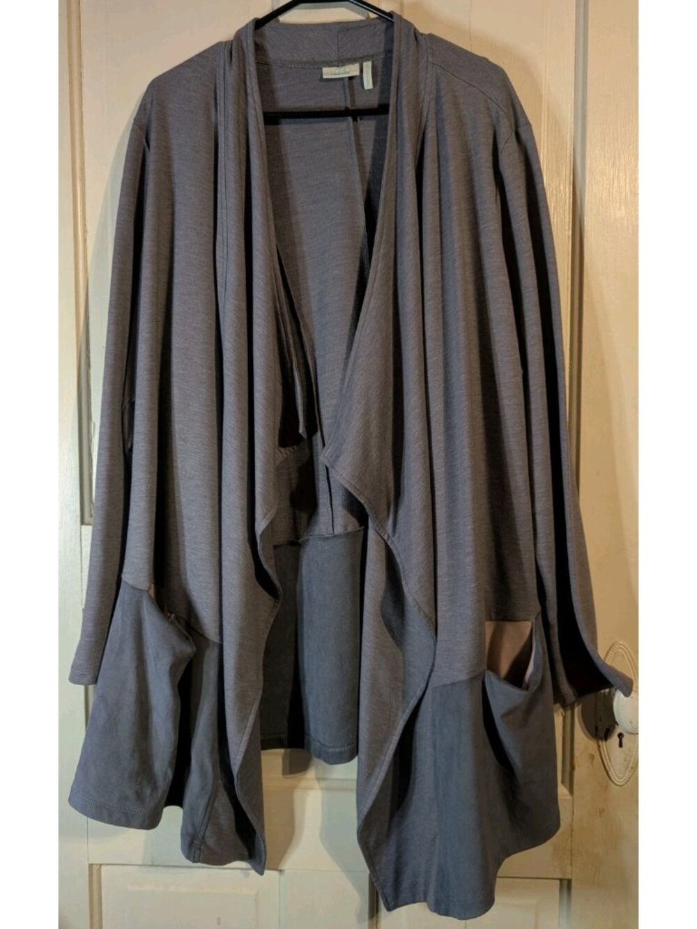 LOGO Lounge Lori Goldstein French Terry Cardigan Faux Suede Hem Gray Size 2XL